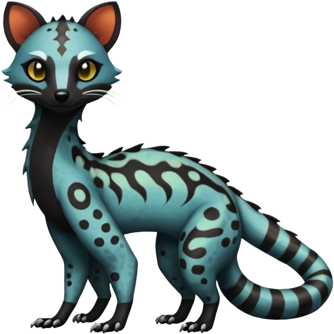 Rare warm-colored exotic edgy epic aesthetic spooky dark modern colorful cyber-Genet-Trico-Salandit-Civet-species-Fakemon-hybrid-creature, with beautiful intricate markings, full body emoji