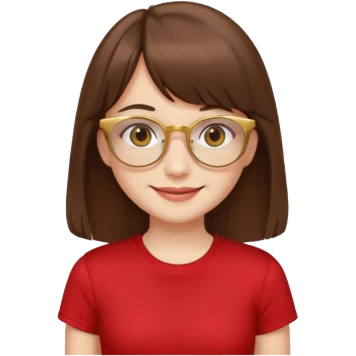 chica con piel blanca sonriendo, ojos marrones y pelo marrón largo hasta la cintura con flequillo y lentes dorados con remera roja. emoji