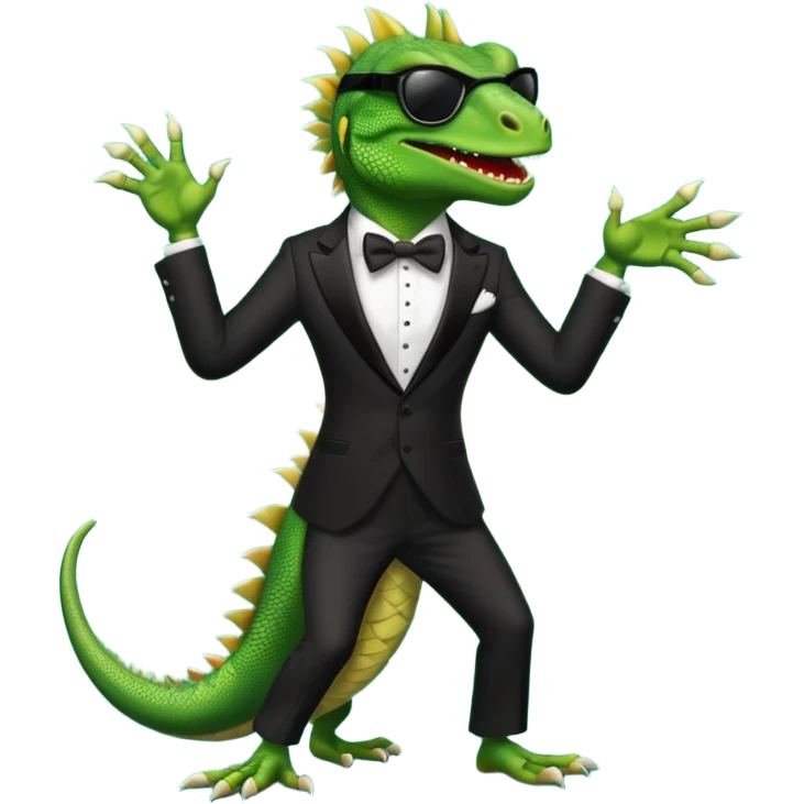 capitalist iguana banker in tuxedo and black sunglasses dancing crazy emoji