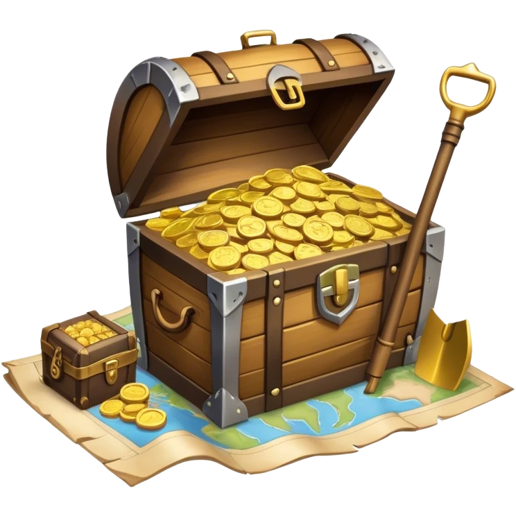 An icon featuring a treasure chest overflowing with gold, a treasure map with a compass rose, a backpack, and a shovel. The map guides the way, symbolizing the adventure of treasure hunting. Set against a transparent background, the design evokes excitement and exploration. emoji