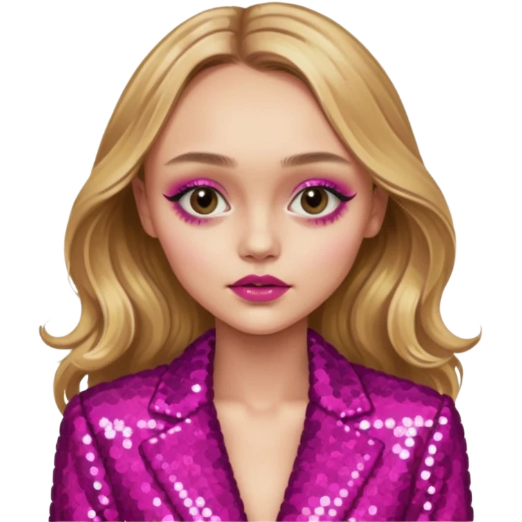 Lily-Rose Depp with long golden blonde hair, dark pink sequin outfit, makeup emoji