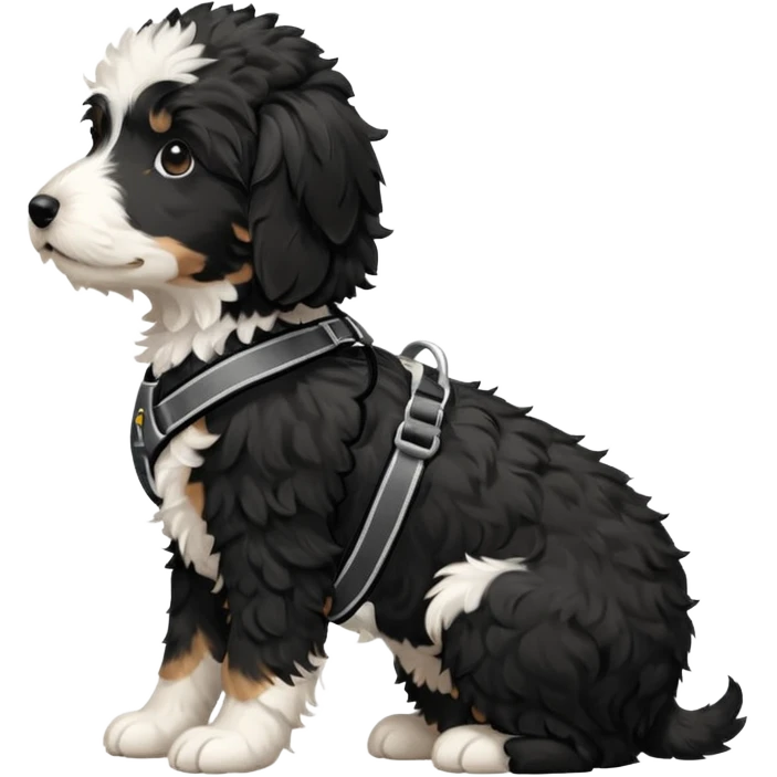 Black and white aussiedoodle puppy in side profile wearing harness  emoji