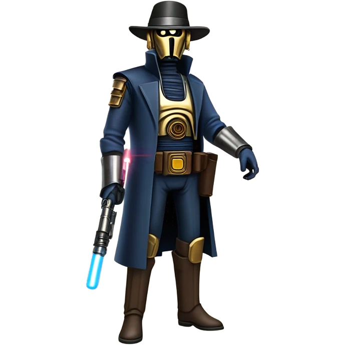 mean bounty hunter tarnished undercover tough well-equipped Jedi life-sized darkblue-pearl C3po leather vest clothing pants and vest old west duster coat holding light saber sheriff holstered gun hat floating emoji