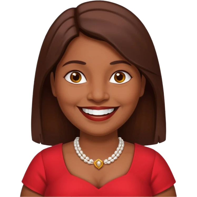 50 yr old chubby Sri Lankan woman, dark skin, straight brown hair, big smile, white teeth, red dress clothes, longer hair straight, big teeth emoji