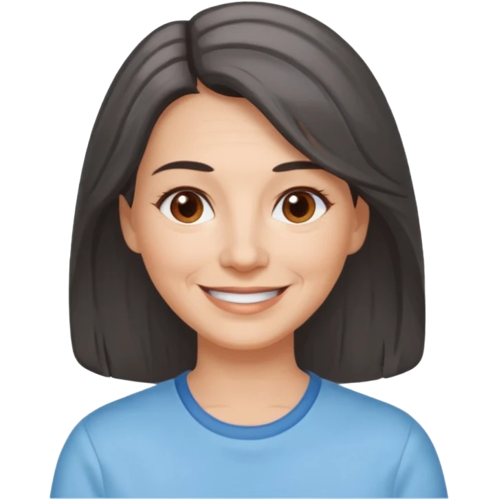 vit medelålders kvinna med grå slingor i långt mörkbrunt hår bruna ögon ljusblå skjorta  emoji