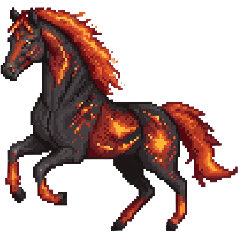 Red fast fire horse made of embers, magma, visible lava, burning, with ash particles surrounding it. Horse galloping with a fiery mane and tail. emoji