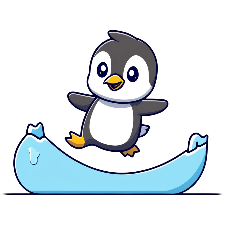 Playful cartoon penguin sliding on ice emoji