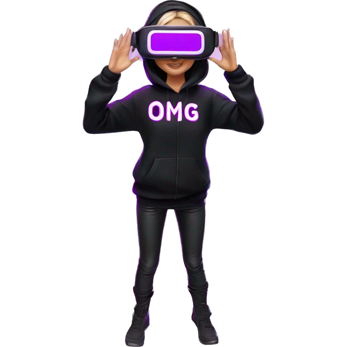 Russian girl wearing black hoody with violet letters "OMG", in vr headset oculus quest2. Standing like jedi. Cyberpunk style. Violet neon. emoji