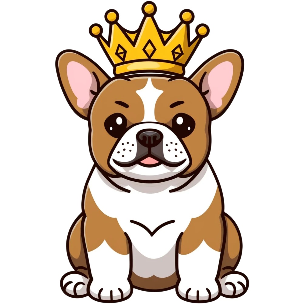 Black and brown frenchie wearing a crown emoji
