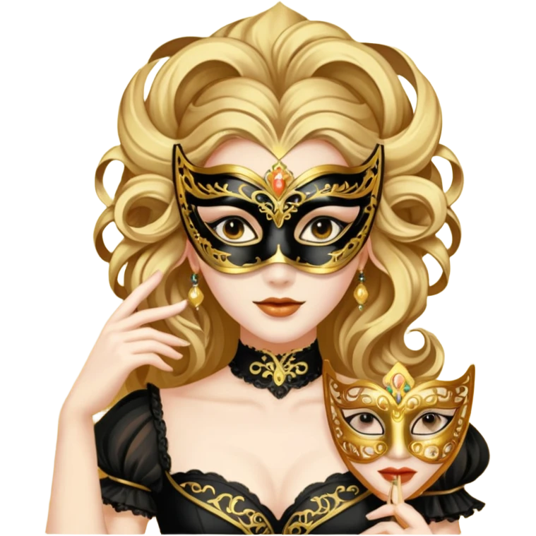 A woman in an ornate gold masquerade mask and elegant outfit, holding the mask delicately. emoji