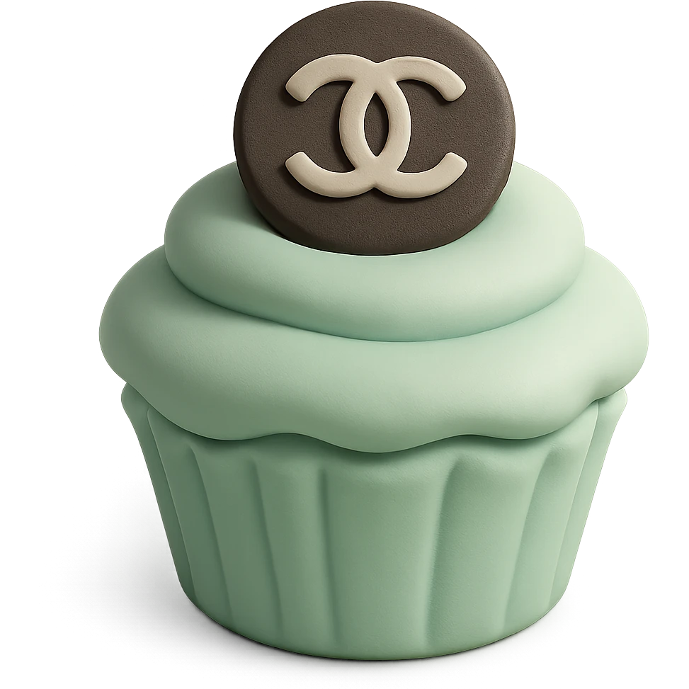 pastel mint Chanel cupcake with a chocolate logo disk, elegant emoji