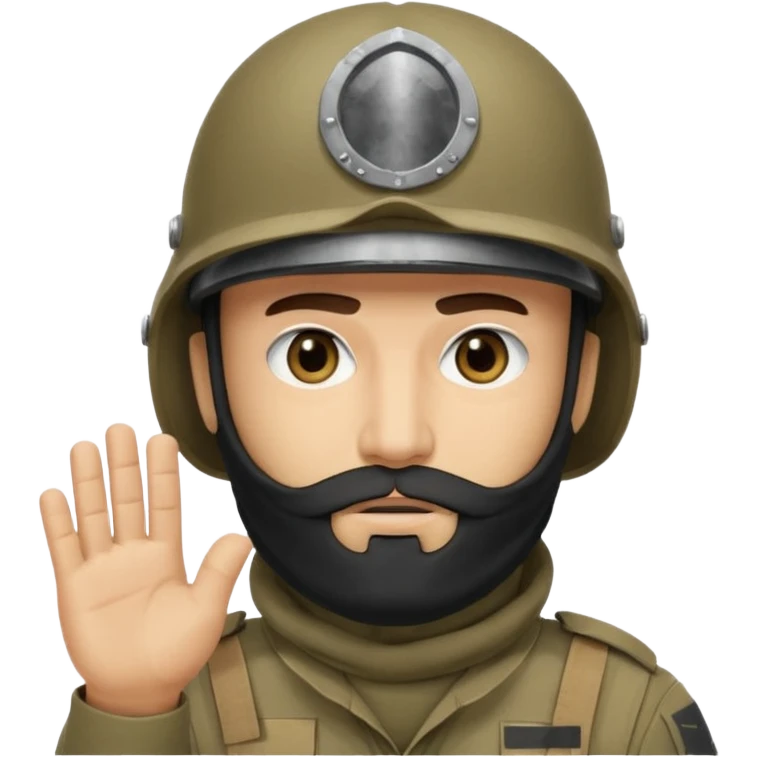 surrenders, depicts an Iraqi soldier from 1980, with a beard, in a helmet, a helmet without signs, with a balaclava, with sad eyes and raised hands emoji