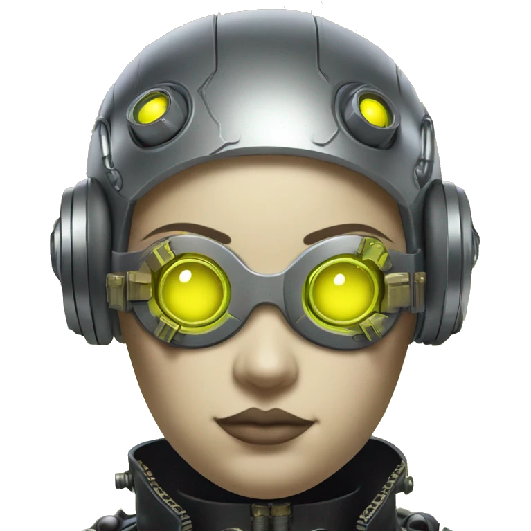 Fat Caucasian female cyborg head with Neon yellow bobbed hair, silver steampunk goggles and circuits emoji