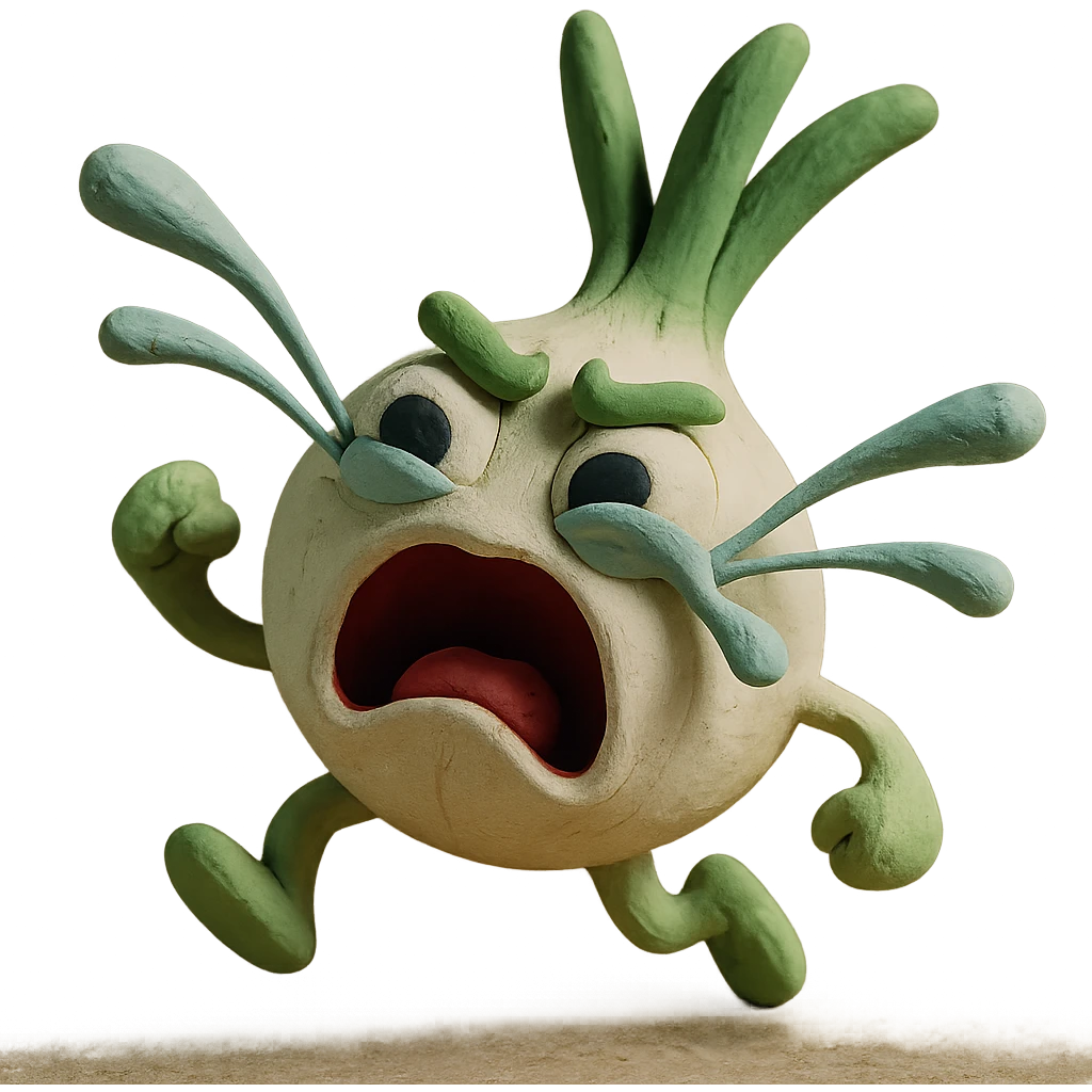 adorable anthropomorphic green onion in claymation style, round white onion body, oversized expressive eyes, green leaves as hair, comically exaggerated crying expression with onion juice tears spraying out, funny dynamic pose, pastel colors, visible clay details, high quality lighting, transparent background emoji