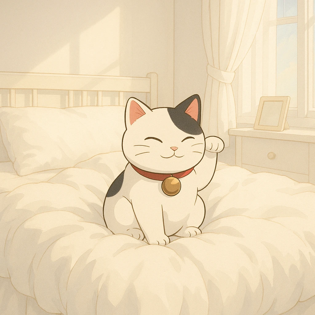 White and black Chinese lucky cat in a cozy on a soft puffy white duvet covered bed in bright white and clean girl aesthetic bedroom, kawaii  emoji
