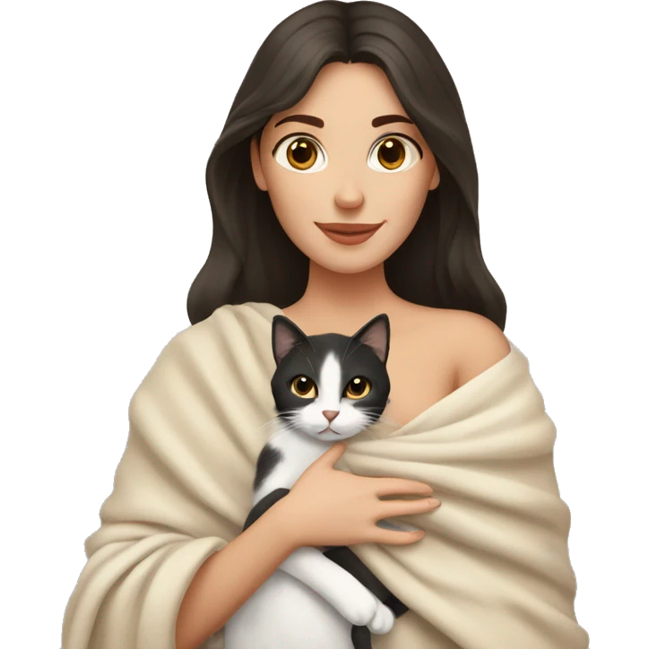 pretty white woman with dark hair petting cat in beige blanket emoji