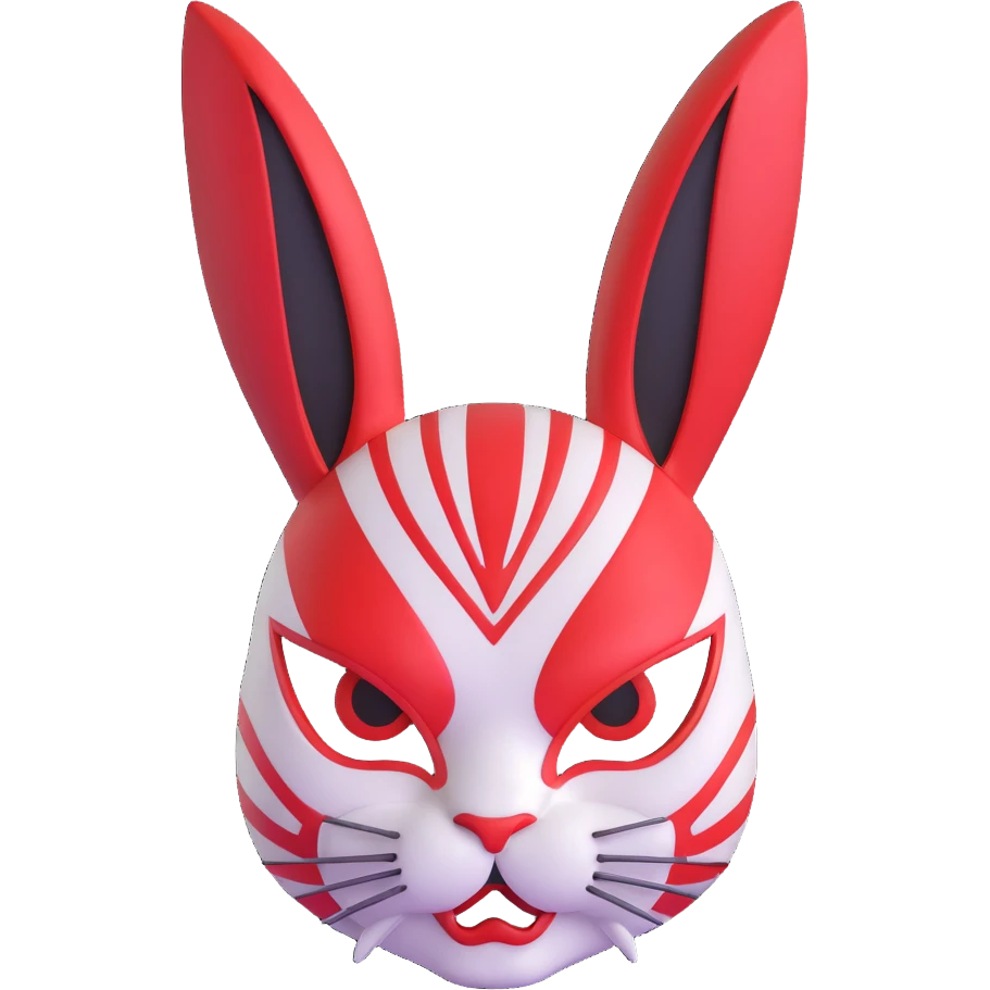 stylized usagi rabbit kabuki mask, red and white, angry expression, highly detailed emoji