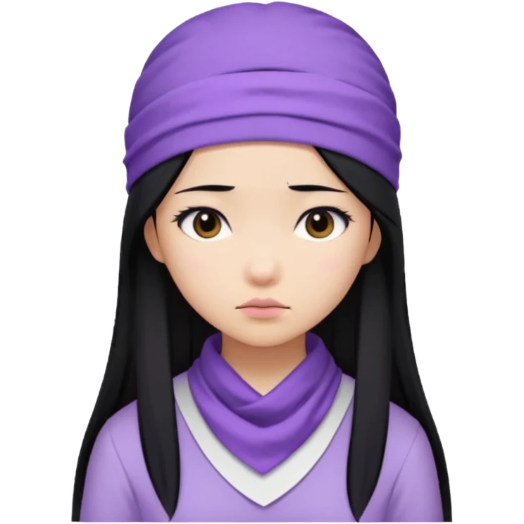 Asian girl, long straight hair, lilac bandana, white and lilac clothes, sad face emoji