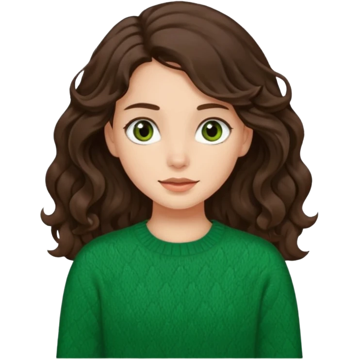 Una chica güera con pelo ondulado, café oscuro, largo, ojos cafés oscuros y con suéter o camisa verde emoji