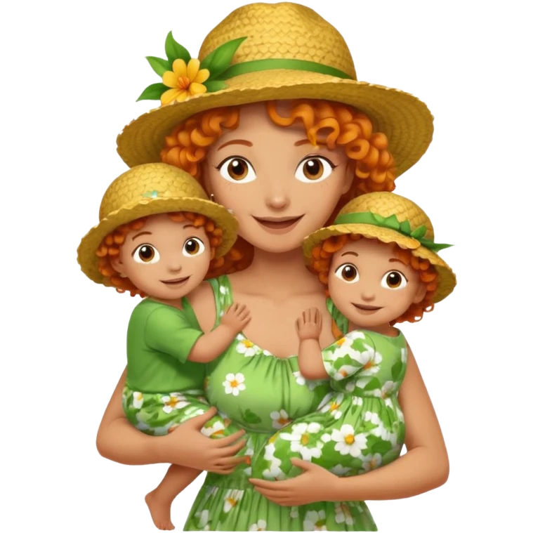 A cheerful orange curly hair mom in a straw hat carrying her child, wearing a green flowery dress emoji