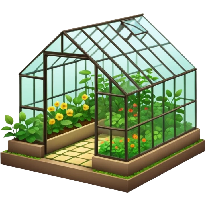 A 3D cartoon greenhouse filled with green plants and sunlight streaming through glass panels, earthy floor, bright natural light, Memoji-style texture and depth. emoji