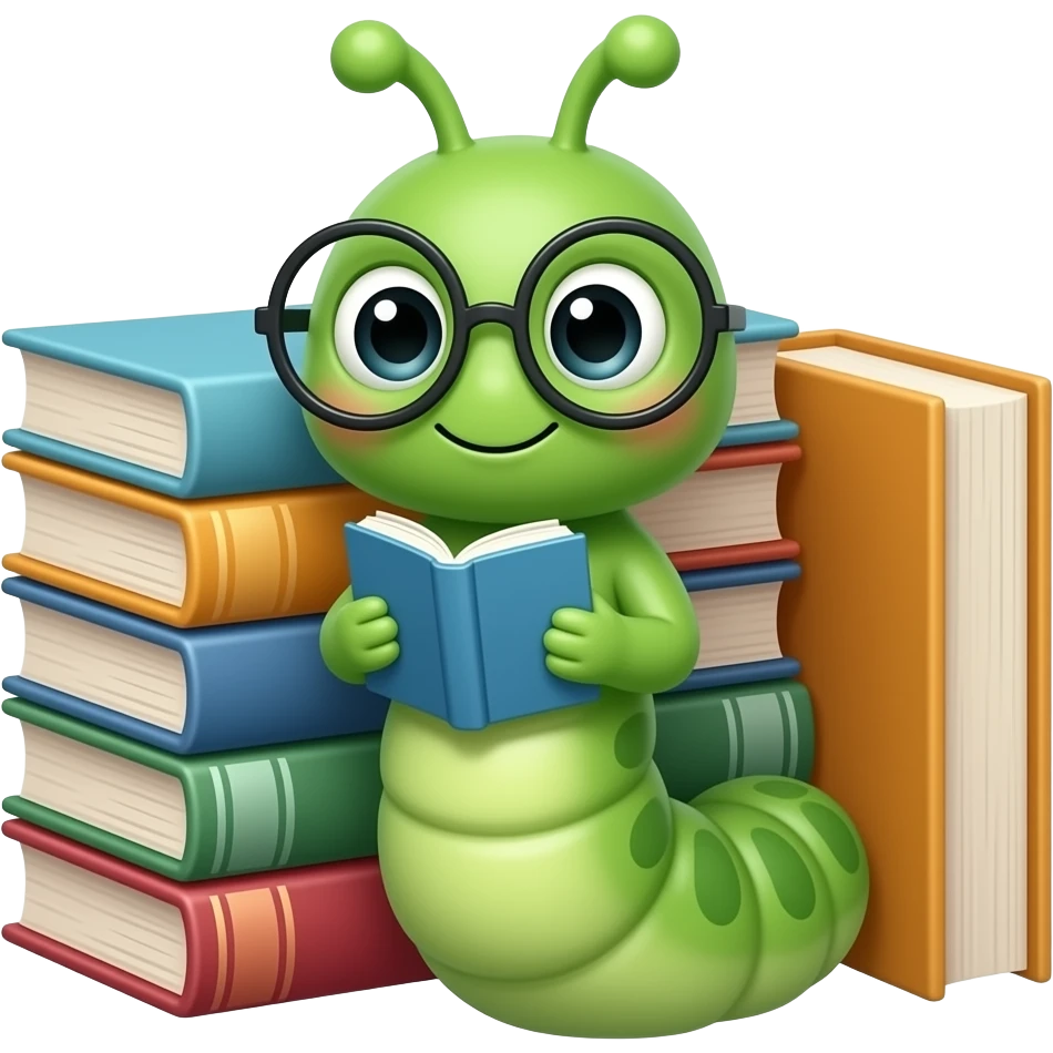 A humorous, exaggerated literal interpretation of “Bookworm”.  A cute worm wearing glasses reading a book inside a stack of books.  Cartoonish, colorful, playful, 3D illustration, soft lighting.  Clean background, centered subject, high detail, no text, no watermark. emoji