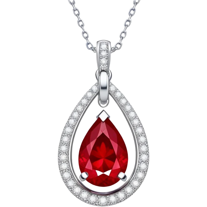 teardrop ruby pendant pulsing fiery red, cradled in a floating silver chain, haloed by glistening white stones like stardust emoji