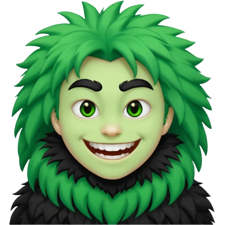 A bald person with bright white skin with a green sclera and green teeth, grinning widely. Has fluffy black neck fur, with a fluffy black body emoji
