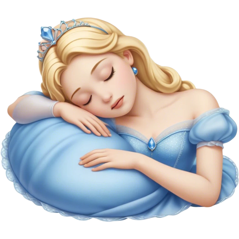 Cinematic Realistic Sleeping Cinderella Portrait, portrayed with exceptional realism: her luminous porcelain skin and exquisitely detailed golden-blonde hair lie softly under the gentle caress of natural light. Her eyes are peacefully closed in a serene, dreamlike slumber, and every fold and shimmer of her iconic ball gown is rendered with painstaking detail. The overall composition radiates a quiet, enchanting glow that encapsulates the timeless, restful beauty of a princess lost in a gentle, magical dream. emoji