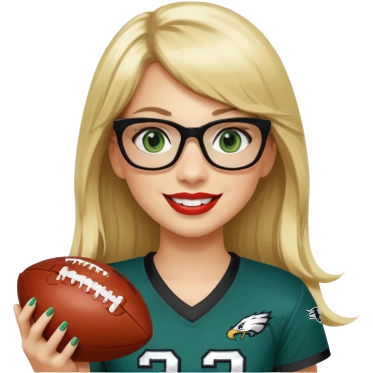 full length women wearing eagles uniform, long blonde hair, bangs, green eyes, black glasses, holding football, number 33, smiling, lipstick emoji