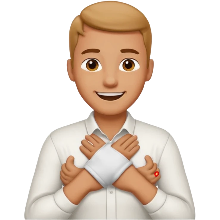 Man with hands gripped around neck crossed like he is choking while smiling emoji