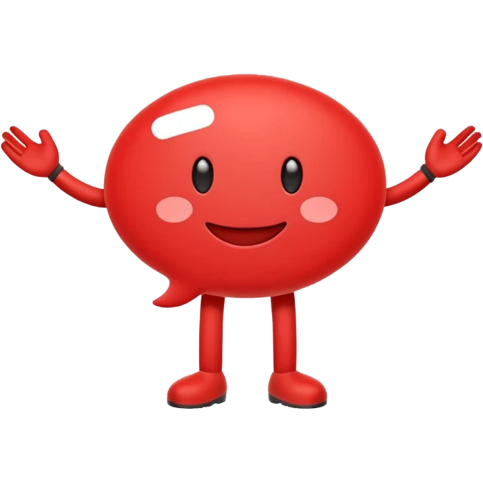 Minimal red emoji character shaped like a rounded speech bubble, with a soft face and two white lines inside symbolizing text. Small arms and legs, looks energetic and helpful. Represents short and clear communication. Flat emoji style on white background, clean and cheerful emoji