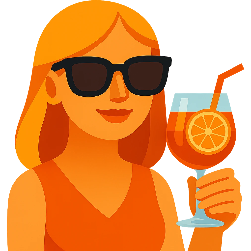 Add sunglasses to the Italian girl and make her hair dark blond, keep the Aperol Spritz and vibrant toon emoji style, with no background. emoji