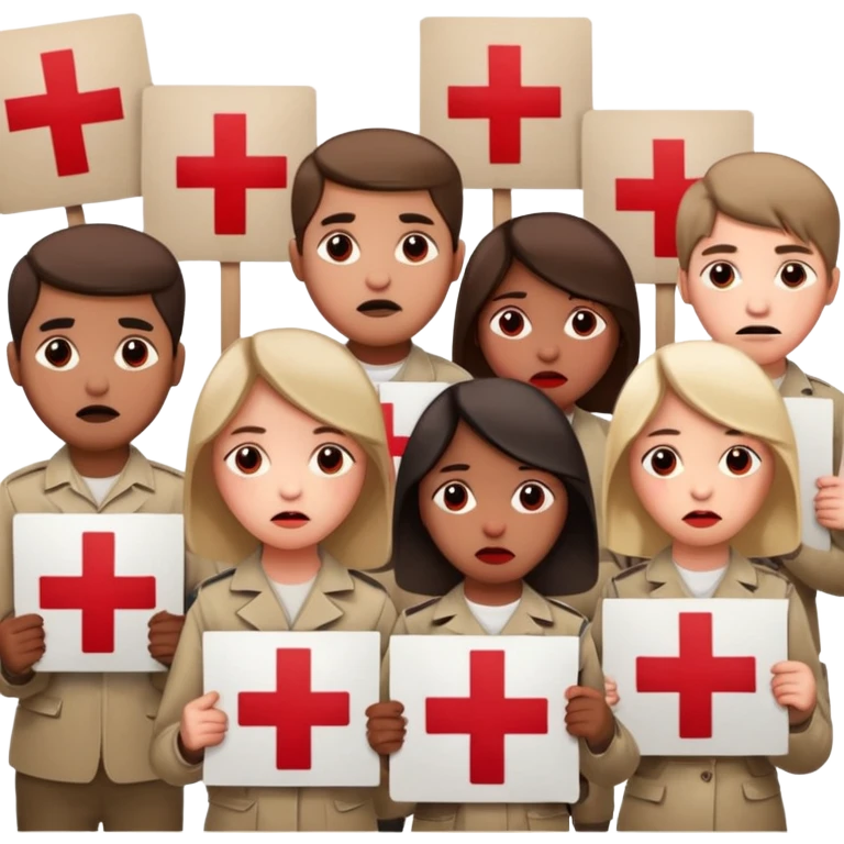 a crowd of people with unhappy faces, holding posters with a red cross painted on them emoji