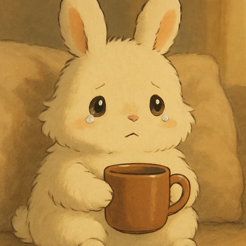 fluffy cream bunny with teardrop eyes holding a coffee mug, cozy soft background, ghibli style emoji