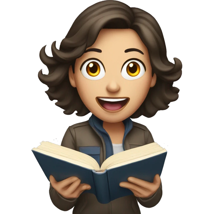 brunette woman screaming while holding and reading book emoji