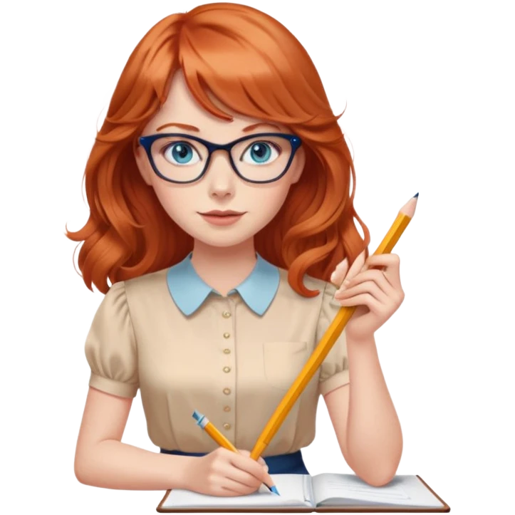 redheaded woman with long wavy hair and bangs, blue eyes, clear cat-eye glasses, short-sleeve apricot blouse, pencil skirt, holding a pencil emoji
