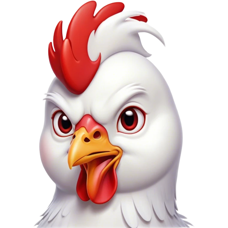 Cinematic Comical White Chicken Portrait Emoji, Head tilted dramatically with an exaggeratedly shocked or amused expression, featuring a sleek, immaculate white plumage with a prominent red comb, wide, expressive beady eyes filled with playful disbelief, Simplified yet hilariously expressive features, highly detailed, glowing with a slightly sassy glow, high shine, dramatic yet playful, stylized with an air of cheeky mischief, bright and endearing, soft glowing outline, capturing the essence of a spirited and over-the-top chicken, so meme-worthy it feels like it could cluck its way into internet fame instantly! emoji