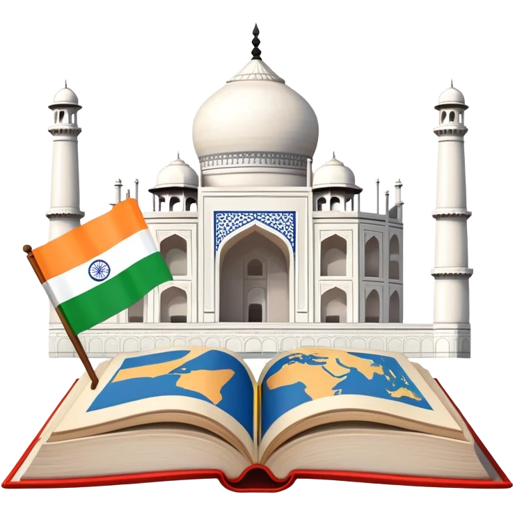 An icon featuring the Taj Mahal and the flag of India, symbolizing the Hindi language. The design includes an open book with Hindi script, representing language learning and cultural richness. Transparent background highlights the heritage of India. emoji