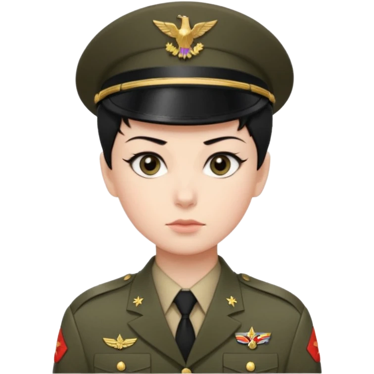 short black neat hair, sharp dark gray eyes, pale skin, serious expression, wearing military uniform, upright posture, minimal accessories, sharp and precise styleDog wizard emoji