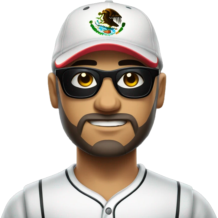 Bald Mexican young man with round face a dark beard baseball cap and dark cool sunglasses looking tough huge muscles emoji