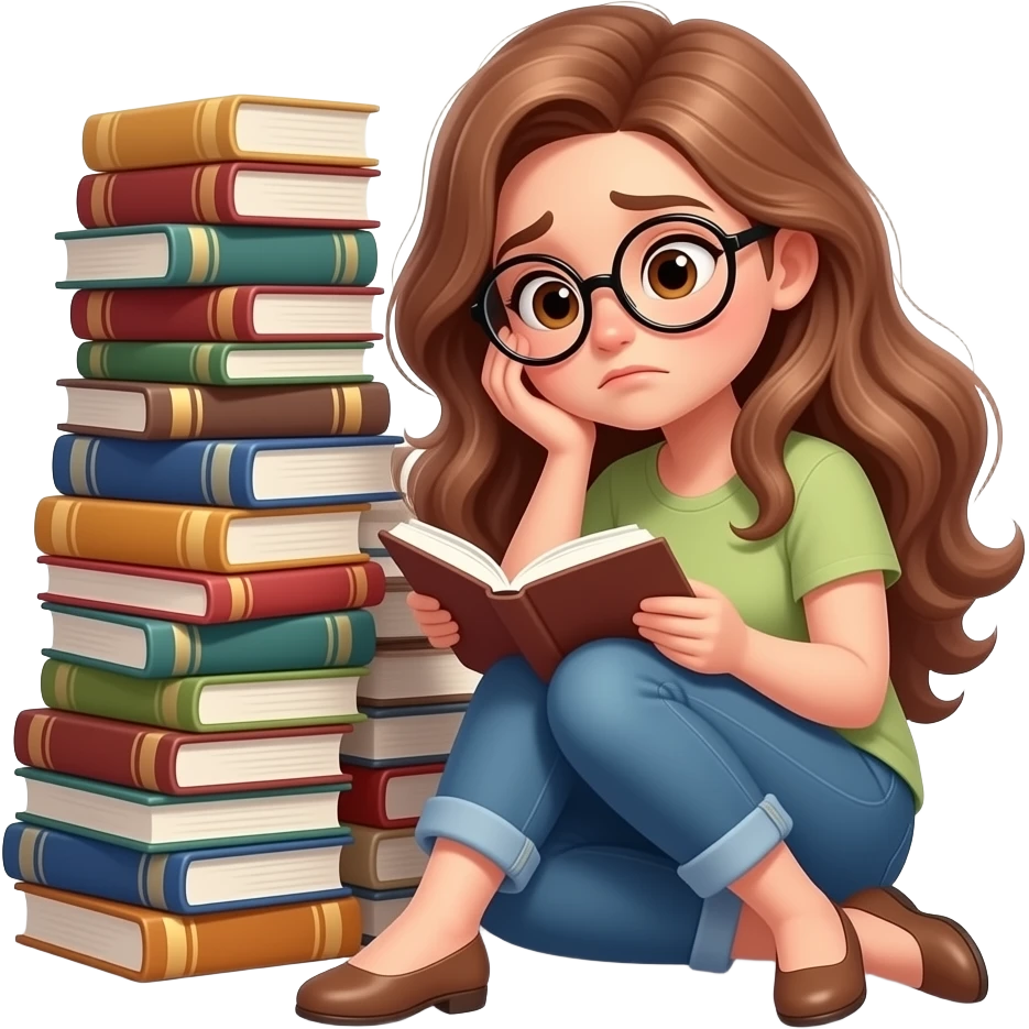 detailed emoji illustration of a curvy woman with long light brown wavy hair, light brown eyes and round glasses sitting next to a huge pile of unread books, overwhelmed reader vibe, cute emoji style emoji