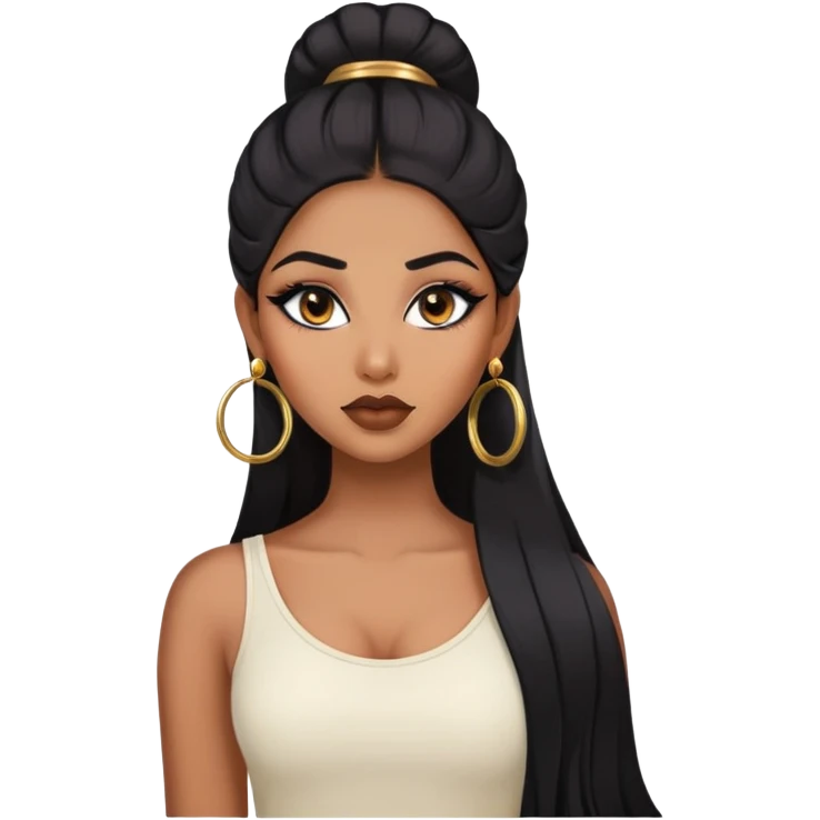 indian girl, brown skin, long black voluminous hair, brown underneath colored hair, baddie,pretty, makeup, lipliner, black eyeliner, gold hoop earrings, white top emoji