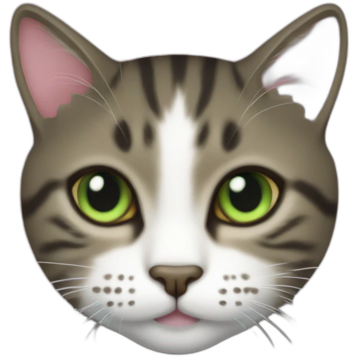 a dark tabby cat with a white face markings, light pink nose, and only one eye, which is green emoji
