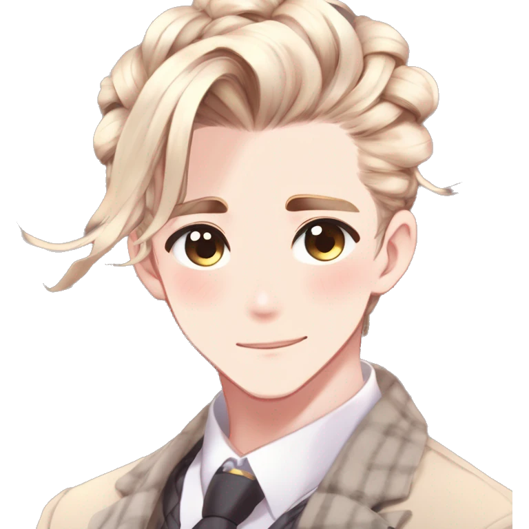 Gorgeous romantic hot attractive anime style modern gentlemanly anime shojo guy with pretty braided  ponytail hair and colorful eyes and blushing face aesthetic trending style  pastelcore cottagecore kawaiicore emoji