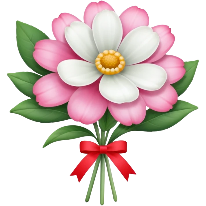 One pink flower and one white flower in transparent bouquet with red band  emoji