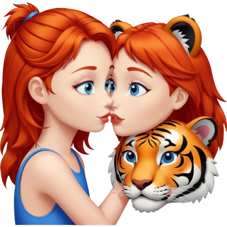 blue-eyed redhead girl kissing tiger emoji