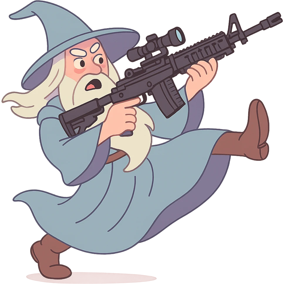 Gandalf the Gray wielding an M-14 EBR rifle, preparing to perform a 360 no-scope, dynamic pose, soft pastel colors, pastel toon style emoji