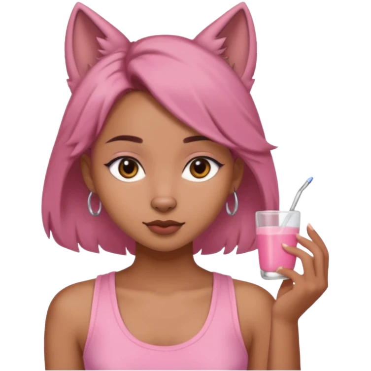 chica morena clara, corte de cabello wolf cut medio, con una blusa de tirantes simple, rosa y coquette emoji