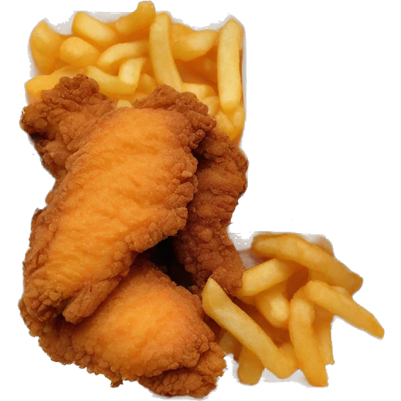 3 chicken tenders with crinkle fries and orange sauce on the side in a styrofoam container styrofoam container emoji